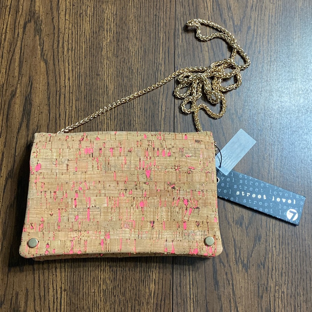 Street Level Hot pink and tan cork crossbody purse with golden hardware